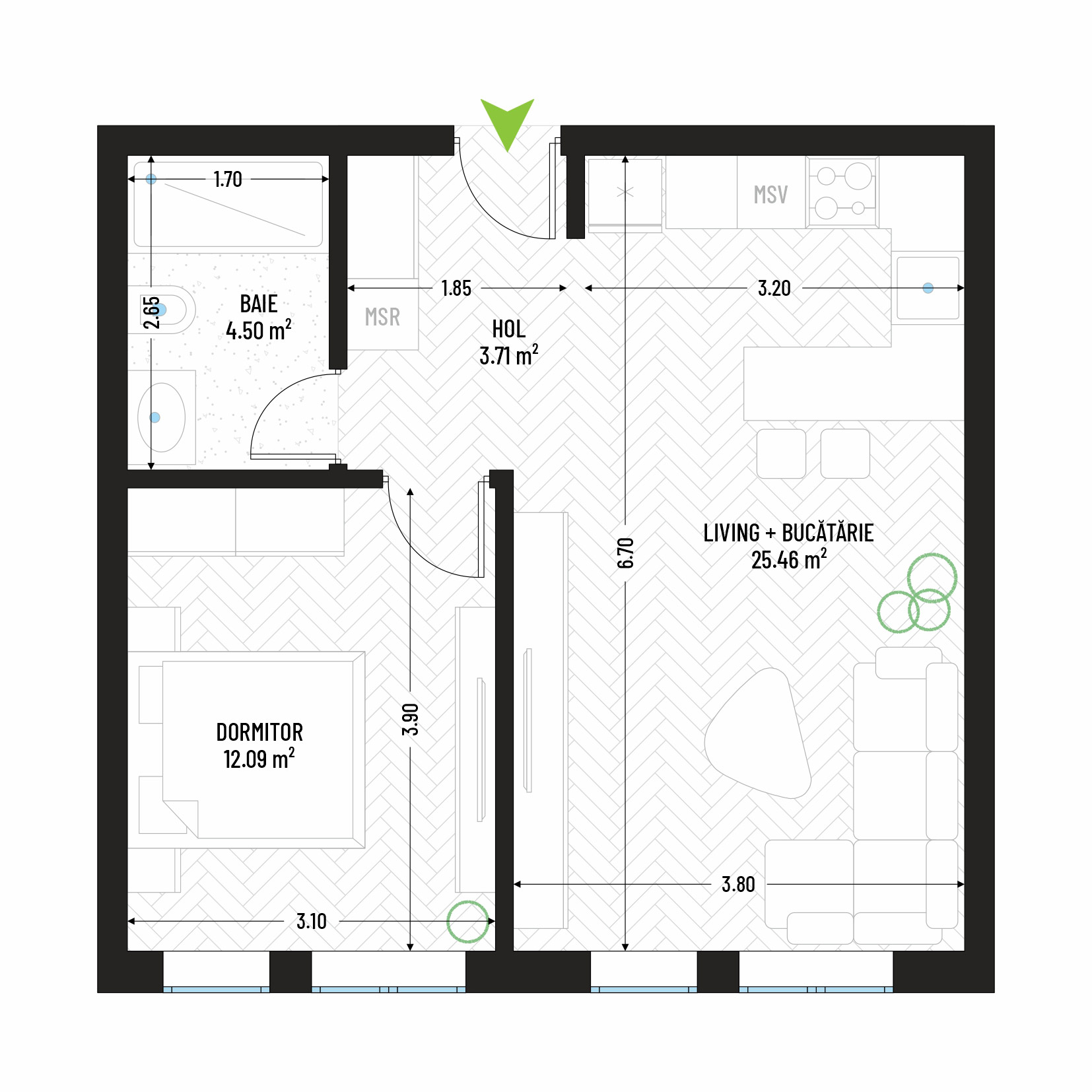 Apartament Studio Tip 1 - Bloc 1 - Green Park Apartments - Apartamente moderne și eficiente de vânzare în Arad - Suprafață utilă totală - 45.76 mp