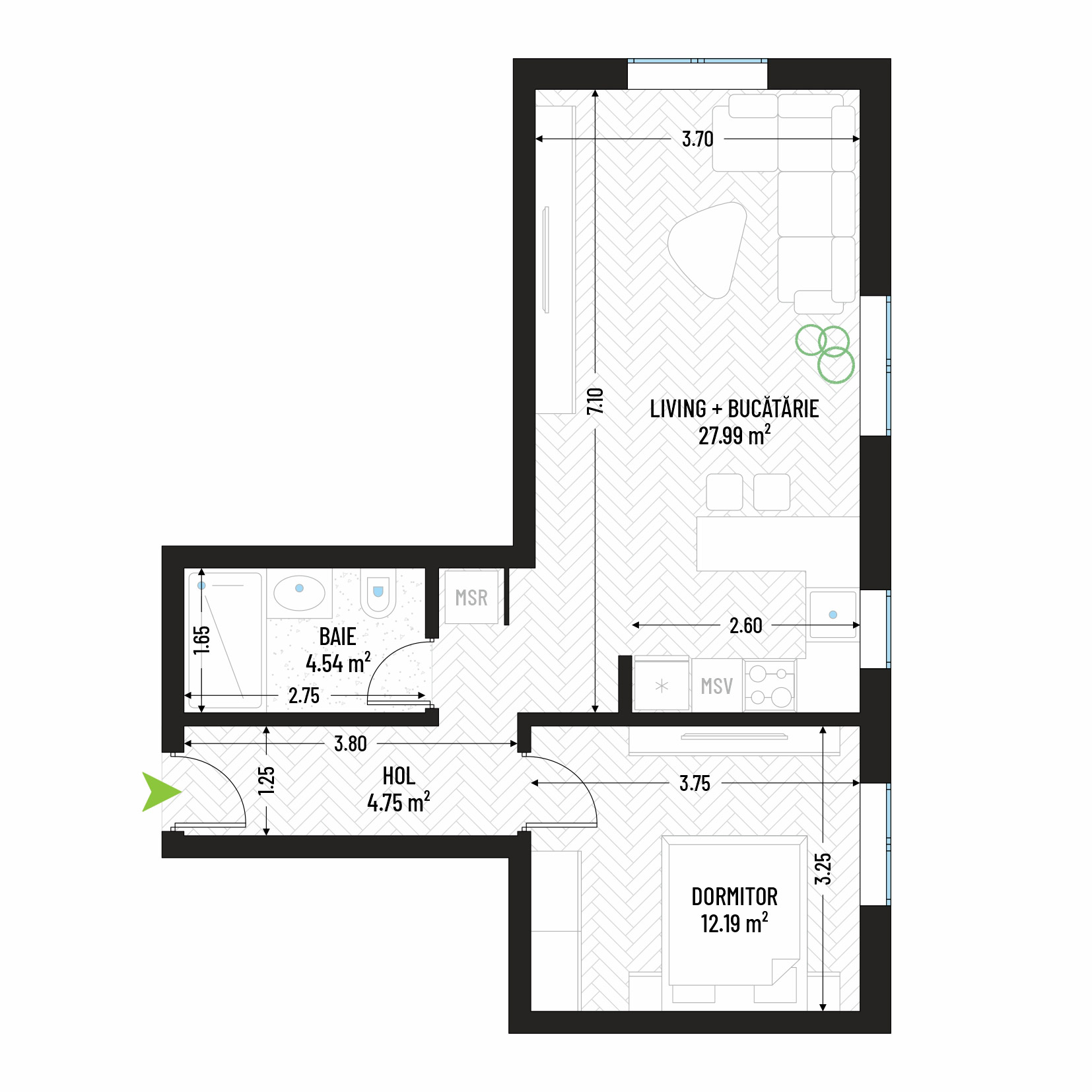 Apartament Studio Tip 2 - Bloc 1 - Green Park Apartments - Apartamente moderne și eficiente de vânzare în Arad - Suprafață utilă totală - 49.47 mp