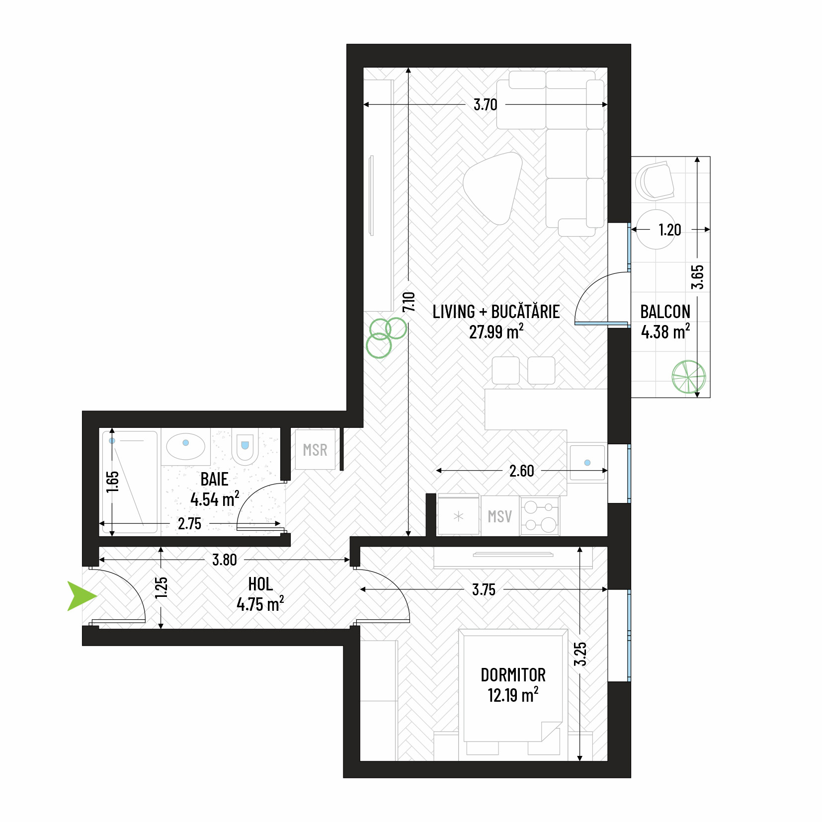 Apartament Studio Tip 4 - Bloc 1 - Green Park Apartments - Apartamente moderne și eficiente de vânzare în Arad - Suprafață utilă totală - 53.85 mp