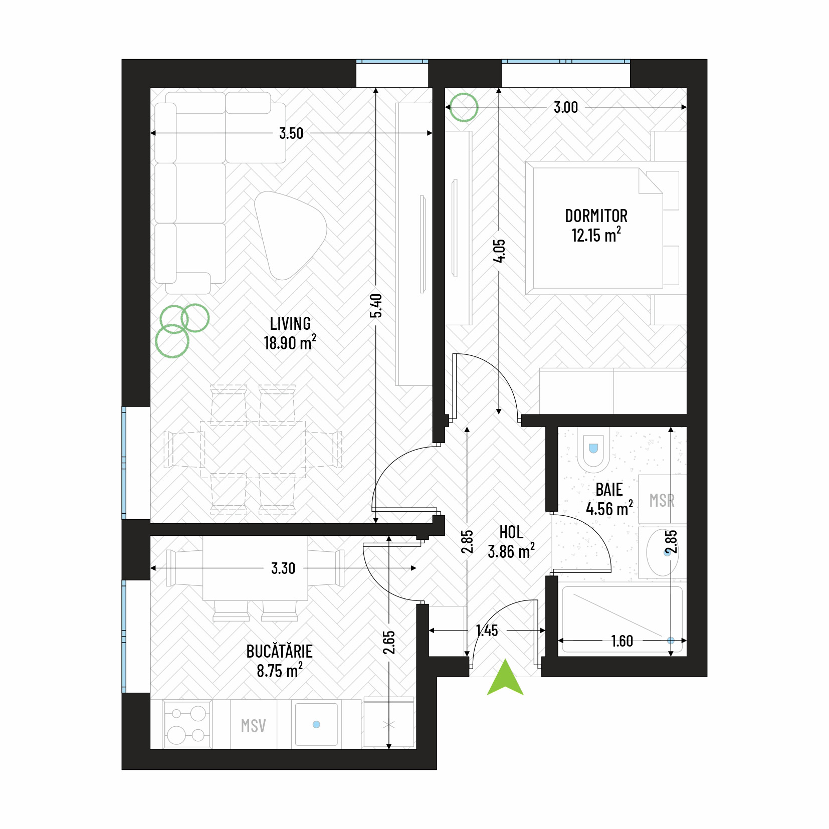 Apartament Studio Tip 5 - Bloc 1 - Green Park Apartments - Apartamente moderne și eficiente de vânzare în Arad - Suprafață utilă totală - 48.22 mp