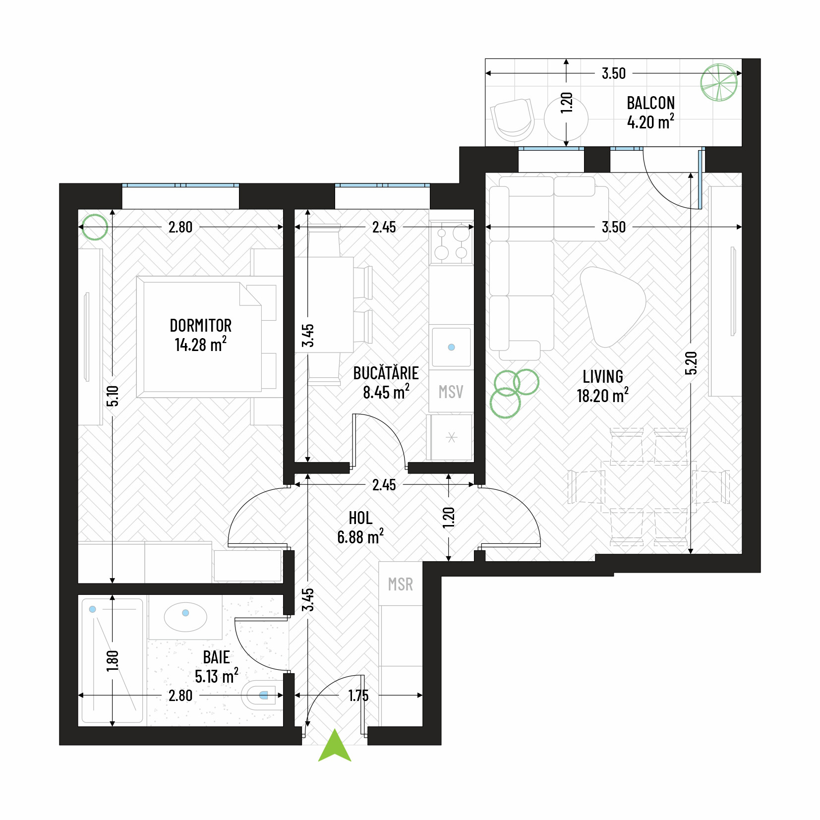 Apartament cu 2 Camere Tip 3 - Bloc 1 - Green Park Apartments - Apartamente moderne și eficiente de vânzare în Arad - Suprafață utilă totală - 57.14 mp