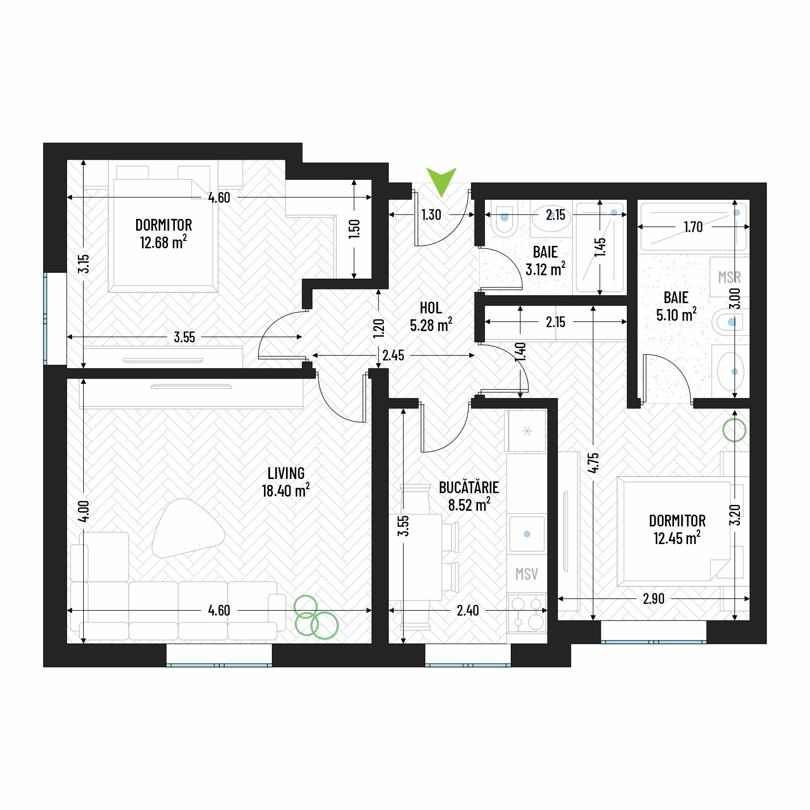 Apartament cu 3 Camere Tip 2 - Bloc 1 - Green Park Apartments - Apartamente moderne și eficiente de vânzare în Arad - Suprafață utilă totală - 65.55 mp
