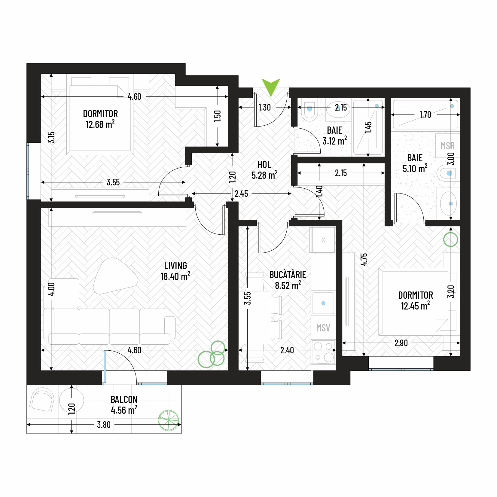 Apartament cu 3 Camere Tip 4 - Bloc 1 - Green Park Apartments - Apartamente moderne și eficiente de vânzare în Arad - Suprafață utilă totală - 70.11 mp