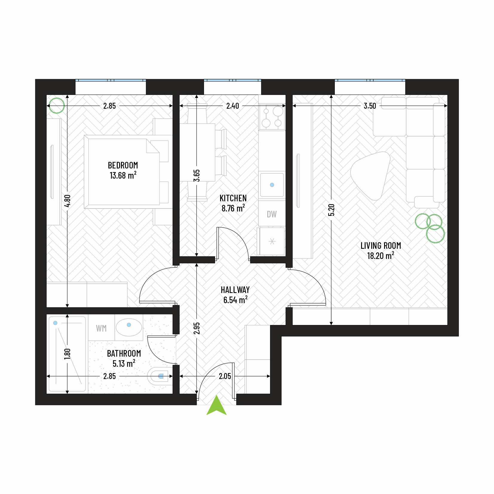 2 Room Apartment Type 2 - Building 1 - Green Park Apartments - Modern and efficient apartments for sale in Arad - Total usable area - 52.31 sqm