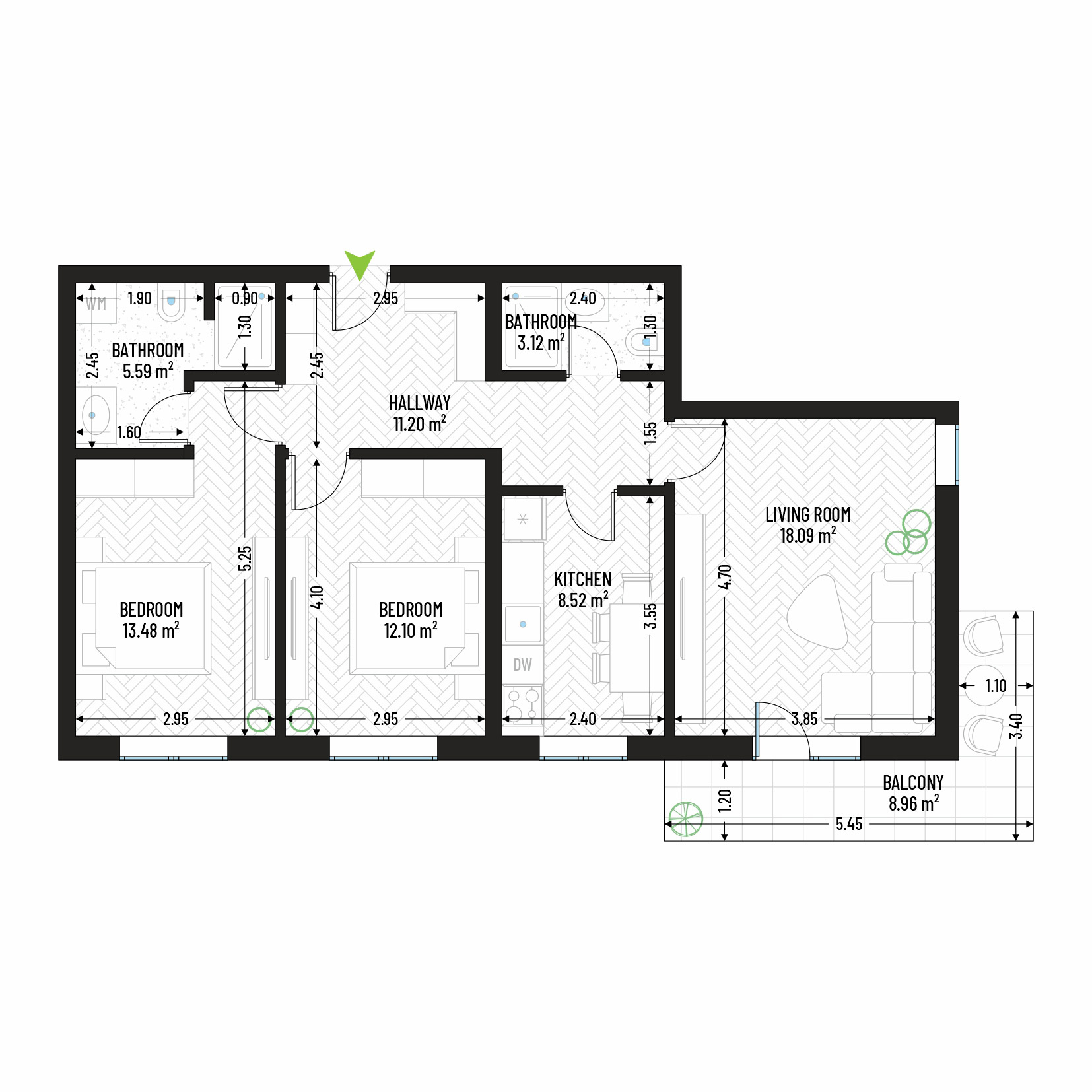 3 Room Apartment Type 3 - Building 1 - Green Park Apartments - Modern and efficient apartments for sale in Arad - Total usable area - 81.06 sqm