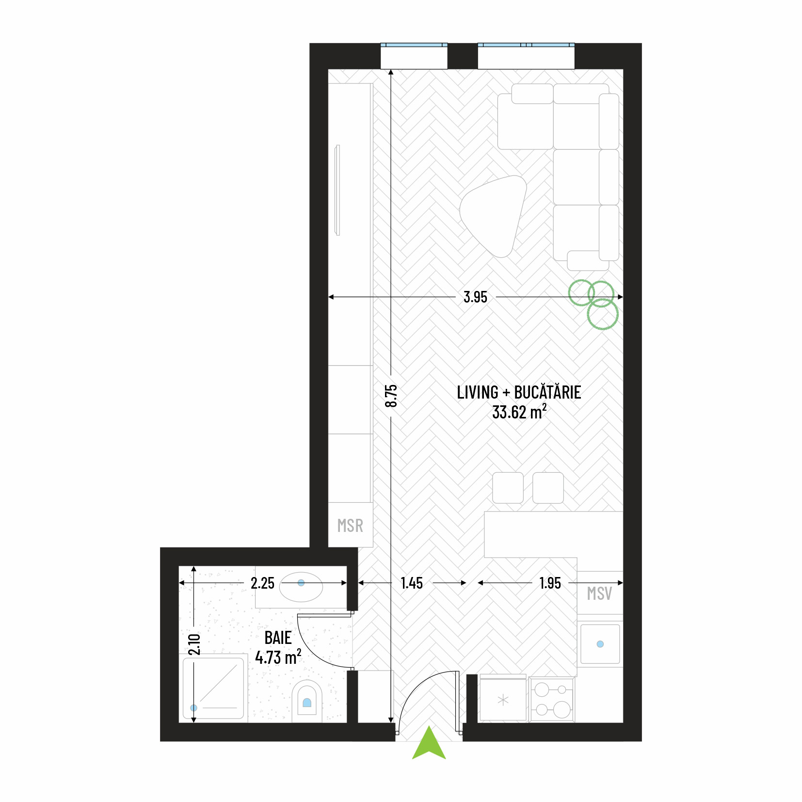 Garsonieră Tip 1 - Bloc 1 - Green Park Apartments - Garsoniere moderne și eficiente de vânzare în Arad - Suprafață utilă totală - 38.52 mp